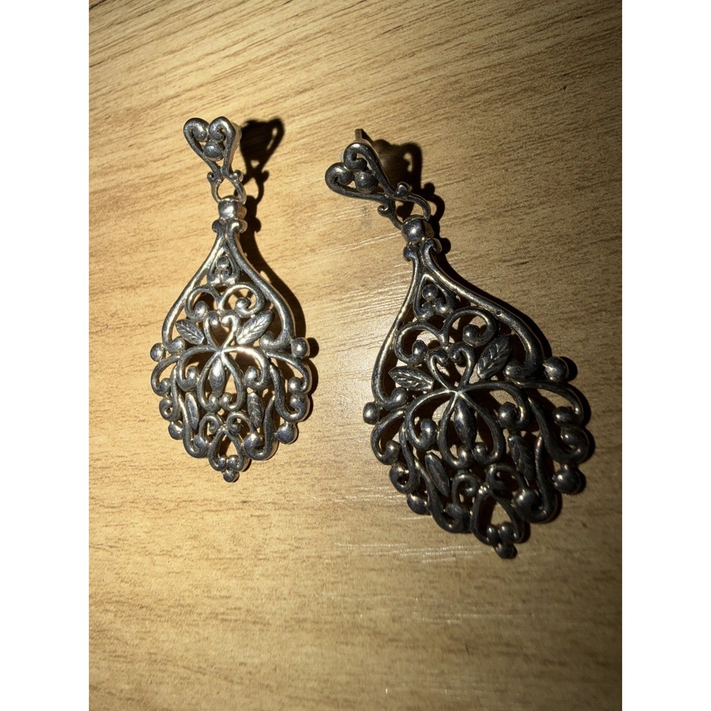 VINTAGE STERLING SILVER ORNATE HEART DANGLE PIERCED EARRINGS